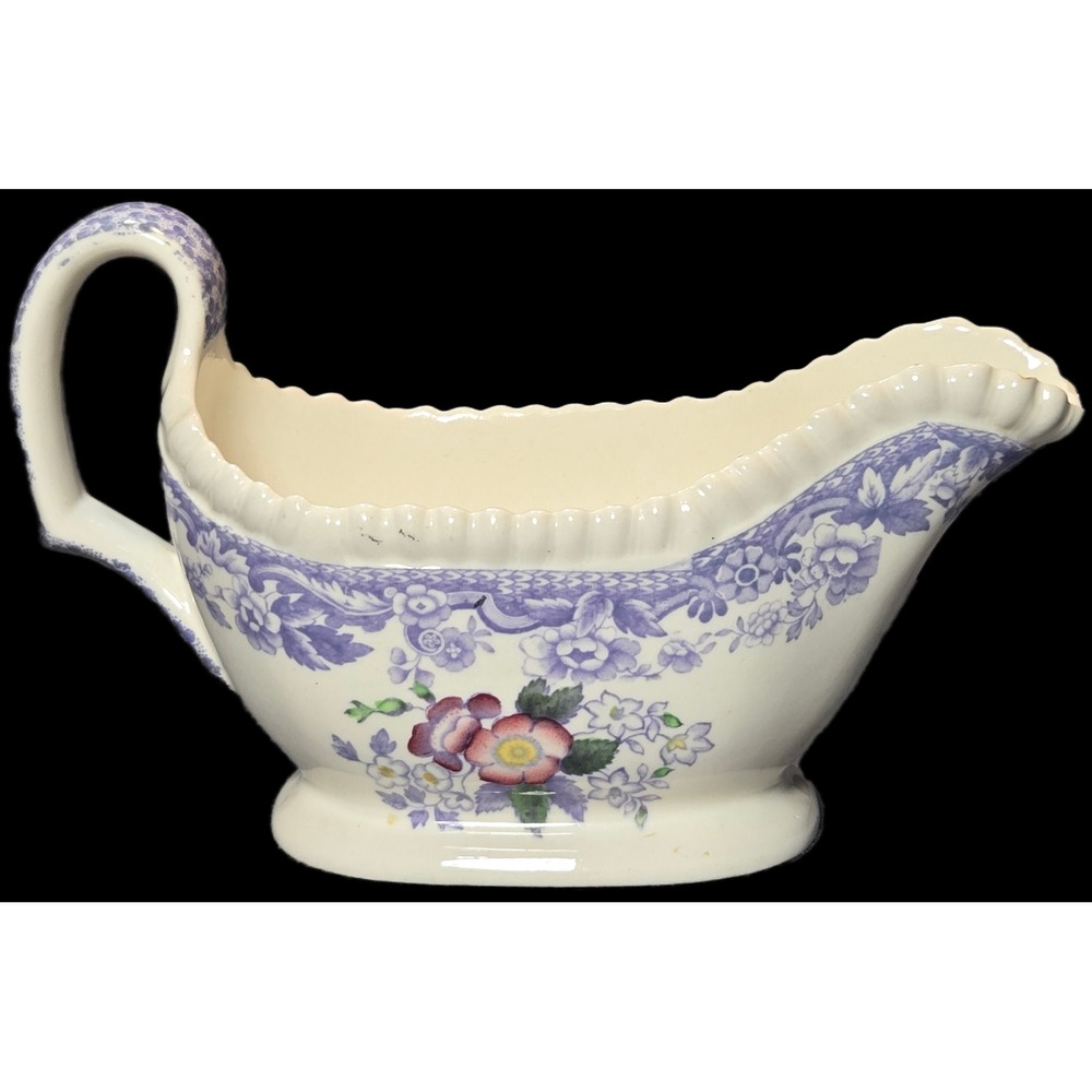 Copeland Spode Mayflower Gravy Boat Purple whit England Vintage Cottagecore flaw